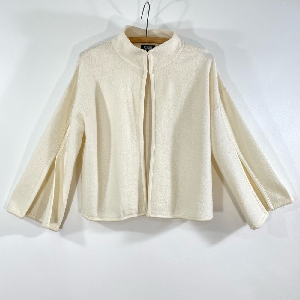 Ivory Wool Blend Jacket Split Bell Sleeve Mock Neck Jones NY EUC Small Off-White